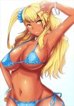  bikini blonde_hair bracelet breasts cleavage commentary dark_skin earrings galko hand_on_hip highres jewelry kawabata_yoshiro large_breasts lipstick makeup nail_polish oshiete!_galko-chan swimsuit tan underboob yellow_eyes 