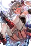  animal_ears aqua_eyes ass azur_lane bangs bare_shoulders black_bow blush bow breasts cat_ears commentary_request denchu_(kazudentyu) detached_sleeves fang garter_straps grey_hair hair_ribbon hammann_(azur_lane) highres long_hair looking_at_viewer nose_blush open_mouth panties puffy_short_sleeves puffy_sleeves red_ribbon ribbon shiny shiny_hair shiny_skin short_sleeves silver_hair slit_pupils small_breasts tears thighhighs underwear white_background white_legwear white_panties 