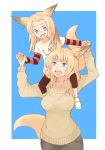  :d animal_ears batta_(kanzume_quality) blonde_hair blue_eyes carrying fang fox_ears fox_girl fox_tail fox_wife_(batta_(kanzume_quality)) hair_ornament hairclip holding_hands long_hair mother_and_daughter multiple_girls nib_pen_(medium) open_mouth original shirt shoulder_carry smile striped striped_shirt sweater tail traditional_media wavy_hair 