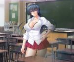  aqua_eyes black_hair bra breasts classroom cleavage igawa_asagi kagami_hirotaka large_breasts lilith-soft long_hair looking_at_viewer miniskirt pleated_skirt red_skirt school_uniform skirt taimanin_(series) taimanin_asagi taimanin_asagi_zero underwear 