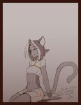  anthro arm_support blue_eyes breasts cat clothed clothing countershading feline female hair half-closed_eyes karol_(jingx1) mammal midriff monochrome multicolored_hair restricted_palette sepia short_hair shorts sitting smile solo t-kay 
