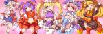  :d :o ;d adapted_costume alternate_hairstyle blush branch chibi clenched_hands commentary_request eyebrows_visible_through_hair feet_out_of_frame fun_bo hands_up highres jeweled_branch_of_hourai junko_(touhou) looking_at_viewer magical_girl multiple_girls one_eye_closed open_mouth pink_background saigyouji_yuyuko smile standing standing_on_one_leg touhou v v_over_eye yagokoro_eirin yakumo_yukari yasaka_kanako 