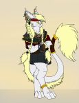  2014 anthro barefoot blonde_hair braided_hair clothing crossed_arms digital_media_(artwork) dragon ear_piercing fur furred_dragon hair kilt male markings mirroidal mirroidal_dragon piercing simple_background snowball_(mirroidal) solo white_fur yellow_sclera 