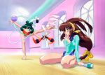  90s antenna_hair aqua_eyes aqua_hair balancing ball barefoot battle_athletes between_toes brown_eyes brown_hair dorsiflexion floating_hair foot_hold gymnastics_ribbon hairband hand_on_own_chin holding hoop hula_hoop indoors kanzaki_akari leg_up leotard long_hair long_sleeves looking_at_viewer low-tied_long_hair multiple_girls multitasking non-web_source official_art on_floor one_eye_closed outstretched_leg plantar_flexion rimless_eyewear round_eyewear sitting smile standing standing_on_one_leg wariza wong_lio-pha wrist_extended 