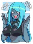  blue_eyes blue_hair blush bra breasts dark_samus iriomote_umineko large_breasts long_hair metroid metroid_prime nintendo open_mouth simple_background smile solo super_smash_bros. super_smash_bros._ultimate tongue tongue_out underwear upper_body 