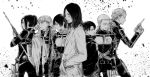  5boys armin_arlert connie_springer eren_yeager greyscale gun hand_in_pocket highres jean_kirchstein levi_(shingeki_no_kyojin) long_hair mikasa_ackerman monochrome multiple_boys multiple_girls sasha_braus shingeki_no_kyojin short_hair three-dimensional_maneuver_gear urn_allonge weapon 