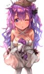  azur_lane bangs black_bow blunt_bangs blush bow breasts collarbone commentary_request criss-cross_halter denchu_(kazudentyu) doll_hug dress elbow_gloves gloves halterneck highres long_hair looking_at_viewer medium_breasts one_eye_closed open_mouth out_of_frame purple_eyes purple_hair solo_focus stuffed_unicorn unicorn_(azur_lane) white_background white_dress white_gloves white_legwear 