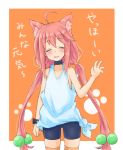  ahoge animal_ear_fluff animal_ears arm_up bike_shorts cat_ears choker closed_eyes hair_bobbles hair_ornament hinata_channel kame_rider long_hair low_twintails nekomiya_hinata open_mouth orange_legwear pink_hair shorts smile solo thighhighs translated twintails vest virtual_youtuber watch waving white_vest wristwatch 