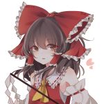  :o artist_name bad_id bad_pixiv_id bangs bare_shoulders blush bow brown_hair dated detached_sleeves eyebrows_visible_through_hair frilled_bow frilled_hair_tubes frilled_shirt_collar frills gohei hair_bow hakurei_reimu heart holding large_bow long_hair looking_at_viewer parted_lips red_bow red_shirt ribbon-trimmed_sleeves ribbon_trim shirt sidelocks simple_background solo toriki touhou upper_body white_background 