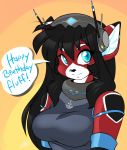  2016 android ara black_fur black_hair blue_eyes breasts cat chalo clothing cybernetics digital_media_(artwork) feline female fur glowing hair happy_birthday machine mammal multicolored_fur red_fur robot white_fur 