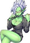  1girl black_shirt breasts buttons closed_mouth dragon_ball dragon_ball_super earrings eyewear genderswap glasses green_skin lips matching_hair/eyes navel pointy_ears potara_earrings shirt simple_background solo spiky_hair white_background white_eyes white_hair zamasu 