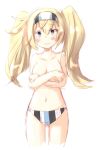  3: arms_under_breasts bikini_bottom blonde_hair blue_eyes blush breast_hold breasts commentary_request covering covering_breasts embarrassed gambier_bay_(kantai_collection) hair_between_eyes hair_ornament highres kantai_collection large_breasts long_hair rits_(single_type) simple_background solo twintails 