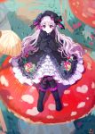 1girl black_footwear black_gloves boots character_request copyright_request dress frills gloves highres lavender_hair long_hair long_sleeves looking_at_viewer mushroom purple_eyes ribbon sitting smile solo yuura 
