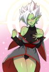  1girl breasts dragon_ball dragon_ball_super earrings genderswap green_skin lips matching_hair/eyes navel pointy_ears potara_earrings ring shoulder_pads solo spiky_hair teeth white_eyes white_hair zamasu 