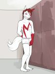  angry anthro barefoot briefs clothed clothing covering covering_crotch fuze hair locker_room nintendo pok&eacute;mon pok&eacute;mon_(species) pok&eacute;morph red_hair tighty_whities topless underwear video_games white_underwear zangoose 