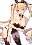  alexmaster alternate_costume animal_ears azur_lane bare_shoulders blonde_hair blush breasts bunny_ears bunnysuit cleavage collarbone commentary_request cowboy_shot d: detached_collar eyelashes fake_animal_ears floating_hair garter_straps hair_ornament hairband hand_on_own_thigh highres jewelry large_breasts leotard long_hair looking_down medallion nelson_(azur_lane) open_mouth red_eyes ringlets skindentation solo thighhighs twintails v-shaped_eyebrows very_long_hair 