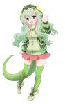  :d animal_hood arm_at_side bangs black_bow boomslang_(kemono_friends) bow breasts eyebrows eyebrows_visible_through_hair eyelashes full_body green_footwear green_hair green_hoodie green_legwear grey_eyes hair_between_eyes hand_up hood hood_up hoodie ise_(0425) kemono_friends legs_apart long_hair long_sleeves looking_at_viewer medium_breasts multicolored_hair open_mouth pigeon-toed pink_hair pink_skirt pleated_skirt shoes simple_background skirt smile snake_tail solo tail thighhighs two-tone_hair very_long_hair white_background zettai_ryouiki 