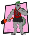  anthro bulge canine clothed clothing darius_leodragon facial_piercing looking_at_viewer male mammal muscular muscular_male nose_piercing piercing septum_piercing smile solo standing tattoo tools 