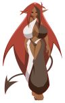  arza barefoot black_sclera breasts dark_skin demon_girl harem_outfit harem_pants huge_breasts long_ears long_hair multicolored_hair red_eyes red_hair s3_studios simple_background succubus tail white_background 