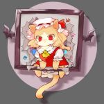  1girl animal animalization cat cat_focus chamaruku character_request closed_mouth clothed_animal commentary_request hat looking_at_viewer mob_cap no_eyebrows no_humans paws picture_frame red_eyes short_sleeves solo torn touhou yellow_neckwear 