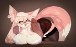  2018 anthro bent_over big_breasts bra breast_rest breast_squish breasts brown_background canine clothed clothing dipstick_tail eyewear female fennec fox glasses hair huge_breasts inner_ear_fluff legwear lingerie long_hair loyse luckypan mammal multicolored_tail nipple_bulge simple_background skirt stockings thick_thighs thigh_highs underwear yellow_eyes 