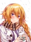  alternate_costume blonde_hair blue_eyes blush braid breasts closed_mouth coffee_cup commentary_request cup disposable_cup duffel_coat eyebrows_visible_through_hair fate_(series) highres holding jeanne_d'arc_(fate)_(all) long_hair looking_at_viewer medium_breasts plaid plaid_scarf scarf smile solo yukari_(bryleluansing) 