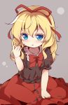  baku-p bangs black_shirt blonde_hair blue_eyes blush bow bowtie eyebrows_visible_through_hair grey_background hair_ribbon highres holding holding_hair long_hair looking_at_viewer medicine_melancholy open_mouth red_neckwear red_ribbon red_skirt ribbon shirt short_sleeves sitting skirt solo touhou 