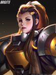  armor brigitte_(overwatch) dark_background freckles liang_xing light_particles looking_at_viewer over_shoulder overwatch parted_lips ponytail realistic solo upper_body weapon weapon_over_shoulder 