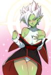  1girl breasts dragon_ball dragon_ball_super earrings eyebrows genderswap green_skin lips matching_hair/eyes navel pointy_ears potara_earrings shoulder_pads solo spiky_hair teeth white_eyes white_hair zamasu 