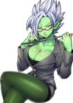  1girl black_shirt breasts buttons dragon_ball dragon_ball_super earrings eyebrows eyewear genderswap glasses green_skin lips matching_hair/eyes navel pointy_ears potara_earrings shirt simple_background solo spiky_hair thighhighs white_background white_eyes white_hair zamasu 