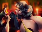  2016 anthro areola beauty_mark big_breasts breasts caprine cigarette cigarette_holder cleavage clothed clothing djpuppeh duo eyeshadow female hair helbaa_(smutbooru) holding_object huge_breasts lighter lipstick makeup mammal match mature_female mouth_hold sheep short_hair smoking solo_focus 