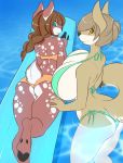  2017 anthro big_breasts bikini blue_eyes breasts brown_eyes brown_fur brown_hair butt canine cervine cheyenne_(inu-dono) clothed clothing coyote deer dipstick_tail duo female fur hair highlights huge_breasts looking_at_viewer lying mammal multicolored_tail partially_submerged smile sophia_ashwood spazzykoneko swimming_pool swimsuit water 