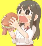  akagi_(kantai_collection) bacon black_eyes black_hair blush commentary drooling eating food hamburger inishie japanese_clothes kantai_collection long_hair open_mouth solo sweat tasuki upper_body yellow_background 