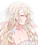  absurdres alternate_costume alternate_hairstyle bangs bare_shoulders blonde_hair blue_eyes blush braid breasts bridal_veil choker commentary dress flower french_braid from_side g36_(girls_frontline) girls_frontline hair_between_eyes hair_flower hair_ornament half-closed_eyes highres hobby light_particles long_hair looking_at_viewer medium_breasts messy_hair sidelocks simple_background smile solo veil wedding_dress white_background 