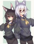  animal_ears black_hair black_legwear black_serafuku borrowed_character breasts cardigan choker fox_ears fox_tail glasses grey_hair highres kutan large_breasts long_hair looking_at_viewer multiple_girls open_mouth original pantyhose pleated_skirt red_eyes school_uniform semi-rimless_eyewear serafuku short_hair skirt sleeves_past_wrists smile standing tail 