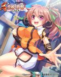  1girl batai bloomers breasts brown_hair clenched_hand commentary_request copyright_name day detached_sleeves highres koihime_musou large_breasts leg_lift long_hair official_art open_mouth oppai_loli orange_shirt outdoors outstretched_arm outstretched_hand purple_eyes ribbon shirt shoes smile solo standing standing_on_one_leg underwear 