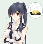  1girl aqua_background bare_shoulders black_sailor_collar breasts closed_mouth collarbone elbow_gloves eyebrows_visible_through_hair finger_to_face food freckles fruit gloves hair_tie hand_on_own_arm ichinomiya_(blantte) kantai_collection lemon long_hair looking_at_viewer medium_breasts plate ponytail red_eyes sailor_collar school_uniform serafuku shiny shiny_hair shirt simple_background sleeveless sleeveless_shirt solo thinking thought_bubble upper_body v-shaped_eyebrows white_gloves white_shirt yahagi_(kantai_collection) 
