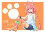  ahoge animal_ear_fluff animal_ears bike_shorts blue_eyes cat_ears choker crossed_legs hair_bobbles hair_ornament hinata_channel holding holding_hair kame_rider long_hair mismatched_legwear nekomiya_hinata orange_background orange_legwear pink_hair shorts simple_background sitting smile solo striped striped_legwear thighhighs twintails vest virtual_youtuber watch white_vest wristwatch 