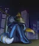  anthro blue_fur blue_hair bodysuit boots brown_fur building canine city clothing dipstick_tail duo female footwear fox fox_mccloud fur hair krystal male mammal multicolored_tail night nintendo shootthefoolproject skinsuit star_fox tailband tight_clothing video_games white_fur 