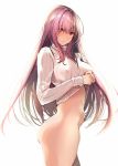  amane_ruri ass bottomless closed_mouth covered_nipples cowboy_shot erect_nipples fate/grand_order fate_(series) highres lifted_by_self light_smile long_hair looking_at_viewer purple_hair red_eyes scathach_(fate)_(all) scathach_(fate/grand_order) simple_background solo sweater white_background 