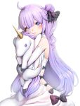  absurdres ahoge azur_lane bare_shoulders black_bow black_ribbon blush bow closed_mouth detached_sleeves doll_hug dress flush frown hair_between_eyes hair_bun head_tilt highres long_hair long_sleeves looking_at_viewer object_hug one_side_up purple_eyes purple_hair ribbon side_bun side_cutout signature simple_background sitting sleeveless sleeveless_dress solo stuffed_alicorn stuffed_animal stuffed_toy unicorn_(azur_lane) very_long_hair white_background white_dress white_legwear y.i._(lave2217) 