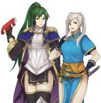  armor breasts cape cleavage cosplay costume_switch female_my_unit_(fire_emblem:_kakusei) fire_emblem fire_emblem:_kakusei fire_emblem:_rekka_no_ken fire_emblem_heroes gloves green_hair kamu_(kamuuei) large_breasts long_hair lyndis_(fire_emblem) lyndis_(fire_emblem)_(cosplay) multiple_girls my_unit_(fire_emblem:_kakusei) ponytail robe smile thighs twintails very_long_hair white_background white_hair 