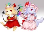  2girls :&lt; :3 animal animalization bow cat chamaruku closed_mouth clothed_animal commentary_request fingernails flandre_scarlet frilled_sleeves frills half-closed_eyes hat lavender_fur lavender_hair looking_at_viewer mob_cap multiple_girls nail_polish no_eyebrows paws pink_hat pink_wings red_bow red_eyes red_nails remilia_scarlet sharp_fingernails short_sleeves slit_pupils touhou translation_request wings yellow_neckwear 