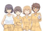  :d bangs blush brown_hair closed_eyes clothes_around_waist collarbone cowboy_shot crossed_arms dark_skin dirty_clothes eyebrows eyebrows_visible_through_hair facing_viewer freckles girls_und_panzer gloves hair_between_eyes hands_on_hips harukon_(halcon) highres holding hoshino_(girls_und_panzer) jumpsuit looking_at_viewer multiple_girls nakajima_(girls_und_panzer) open_mouth orange_hair shiny shiny_hair shirt short_hair simple_background smile suzuki_(girls_und_panzer) tareme tsuchiya_(girls_und_panzer) tsurime uniform v white_background white_gloves white_shirt 