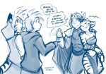  2018 :3 anthro armor cape clothed clothing daniels_(twokinds) dialogue english_text eyes_closed feline female flora_(twokinds) fur group helmet hi_res human keidran male mammal midriff monochrome nervous nuzzling open_mouth pauldron purring simple_background sketch skimpy smile striped_fur stripes surprise text therie_sah-van tiger tom_fischbach trace_legacy twokinds webcomic white_background 