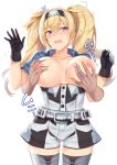  1girl areolae belt black_gloves blonde_hair blue_eyes blue_shirt blush breast_grab breasts breasts_outside cai_geng cowboy_shot disembodied_limb gambier_bay_(kantai_collection) gloves grabbing groping hair_between_eyes hairband hetero kantai_collection large_breasts long_hair looking_at_viewer multicolored multicolored_clothes multicolored_gloves nipples no_bra open_mouth shirt short_sleeves simple_background solo_focus thighhighs twintails white_background white_gloves 