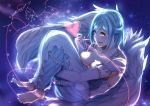  angel_wings barefoot blue_hair blue_nails braid breasts cleavage commentary_request constellation dress elbow_gloves eyebrows_visible_through_hair french_braid gloves half_updo heart highres kuziaaizuk leg_hug medium_breasts moira_(nijisanji) mole mole_on_breast mole_under_mouth nail_polish nijisanji open_mouth orange_eyes red_string solo space star_(sky) string string_around_finger toenail_polish virtual_youtuber wings 