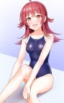  2018 :d ahoge bad_id bad_twitter_id bare_shoulders blue_swimsuit blush breasts commentary covered_nipples idolmaster idolmaster_shiny_colors kanzaki_muyu komiya_kaho long_hair looking_at_viewer medium_breasts name_tag one-piece_swimsuit open_mouth red_eyes red_hair sitting smile solo swimsuit twitter_username 