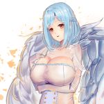  angel_wings blue_hair braid breasts cleavage commentary_request dress elbow_gloves french_braid gloves hand_on_own_chest highres huge_breasts moira_(nijisanji) mole mole_under_mouth nijisanji orange_eyes simple_background smile solo tomofumi virtual_youtuber white_dress white_gloves wings 