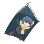  beige_scarf blue_hair blush boots brown_footwear brown_gloves chibi commentary_request denden eyebrows_visible_through_hair gloves green_coat jitome no_mouth pantyhose pink_legwear purple_eyes scarf shima_rin simple_background solo tent v-shaped_eyebrows white_background yurucamp 
